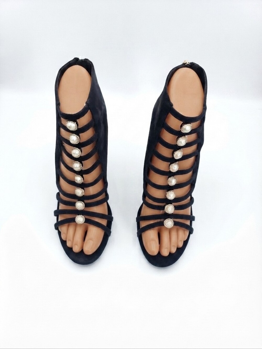 Chanel Black Suede Strappy Pearl-Button Heels Size 39/9